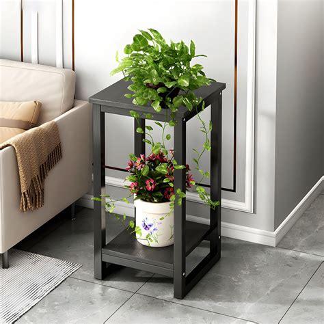 2-Tier Brown Plant Table Square Wood Plant Table with 4 Legs - Black 12 ...
