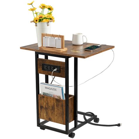 Hadulcet Sofa Side Table, Foldable End Table with Charging Station for ...