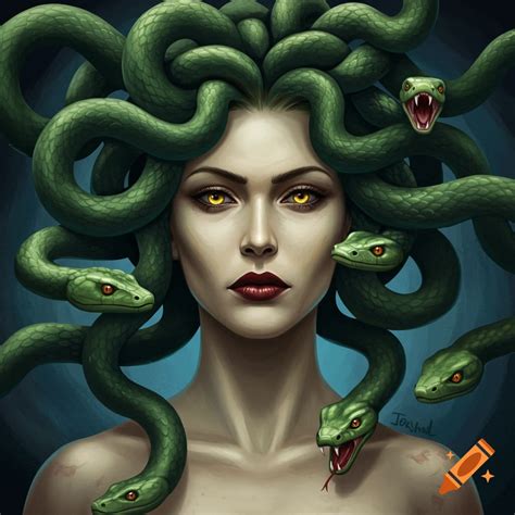 Portrait of Medusa with colorful snakes for hair in a field with ...