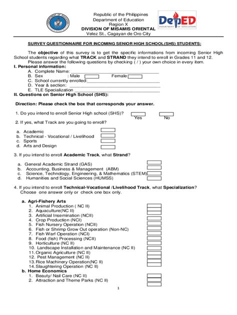 Philippines Senior High School Survey Questionnaire - Blank Fillable ...