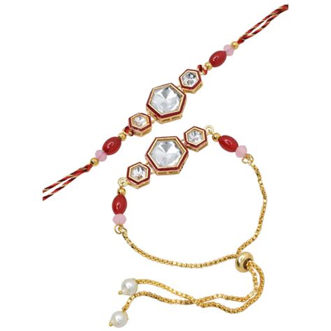 Meira Jewellery Premium Kundan Red Hexa Design Bhaiya Bhabhi Rakhi Set