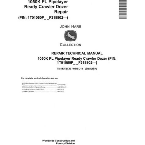 John Deere 1050K PL Pipelayer Ready Crawler Dozer Pdf Technical Repair