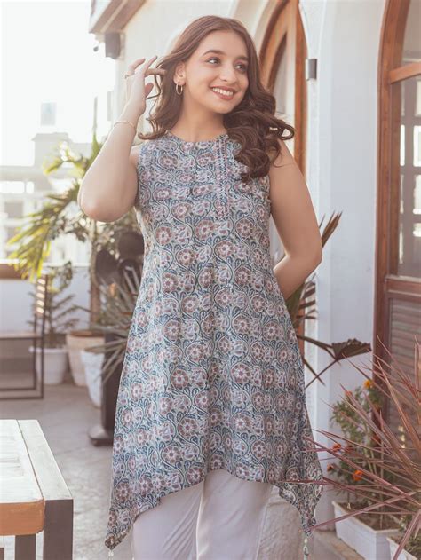 Buy Teal Blue Brown Printed Cambric Cotton Kurta with White Modal Pants ...