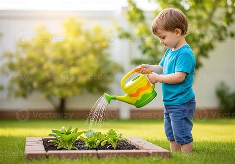joven niño cariñosamente aguas Fresco verde plantas en un patio ...