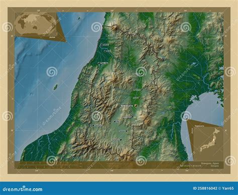 Yamagata, Japan. Physical. Labelled Points of Cities Stock Photo - Image of tokyo, continent ... - map of japan lakes