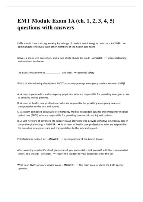 EMT Module Exam 1A (ch. 1, 2, 3, 4, 5) questions with answers - EMT ...