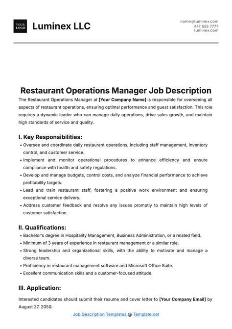Free Restaurant Operations Manager Job Description Template to Edit Online