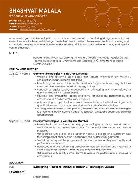 Sample Resume of Garment Technologist with Template & Writing Guide ...