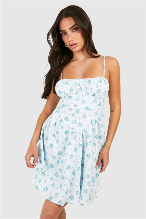 Petite Ditsy Floral Strappy Milkmaid Mini Dress | boohoo AU