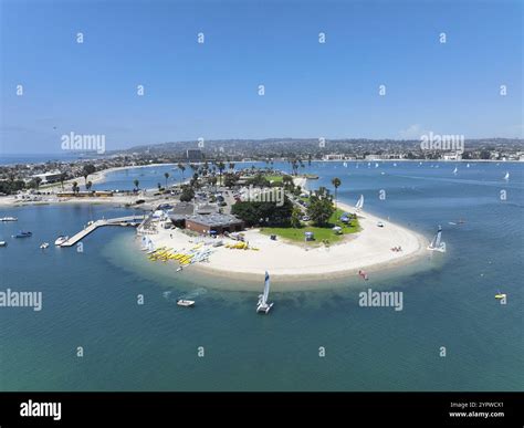 Aerial view of boats and kayaks in Mission Bay water sports zone in San Diego. Famous tourist ...