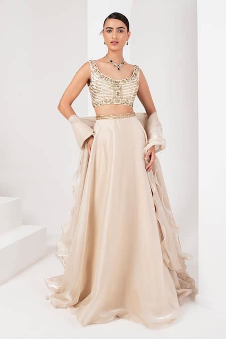 Buy Ivory Silk, Organza, Chiffon Sequins, Cut Work Waistband ...