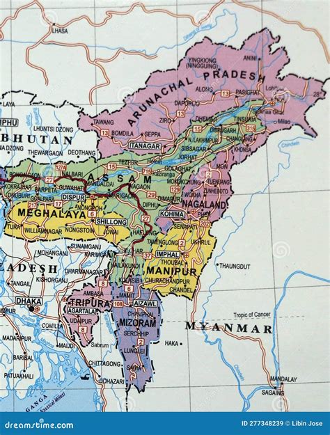 Close Up of an Indian Map with North East States Manipur Assam in Focus ...