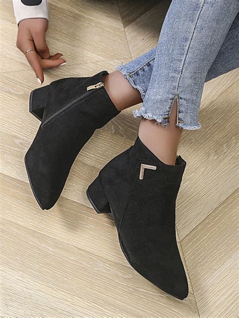 Black Classic Boots With Metal Detail And Side Zipper | SHEIN USA