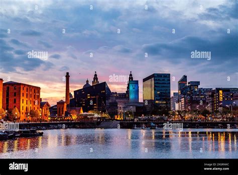 Liverpool City Skyline from the Royal Albert Dock at Night Stock Photo ...