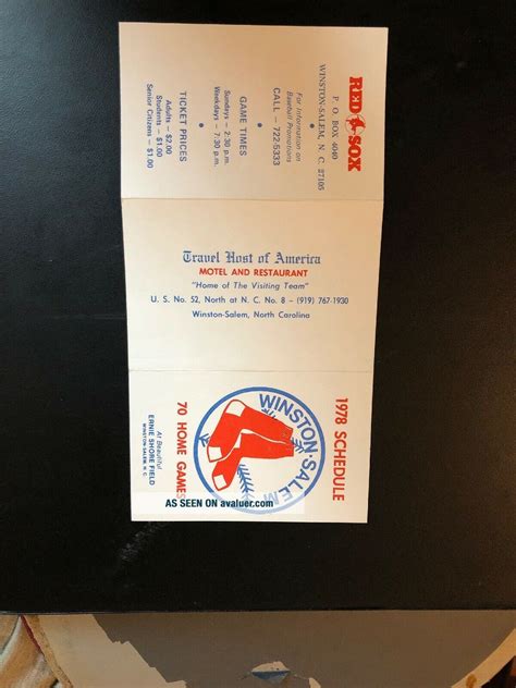 1978 WINSTON - SALEM RED SOX MINOR LEAGUE BASEBALL POCKET SCHEDULE ...