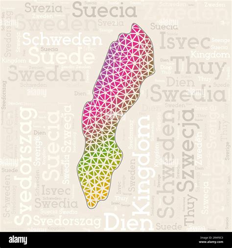 Sweden map design. Country names in different languages and map shape with geometric low poly ...