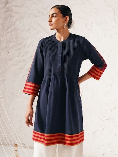 Shop Jaypore Women Blue Cotton Hand Woven Mandarin Collar Flared Fit ...