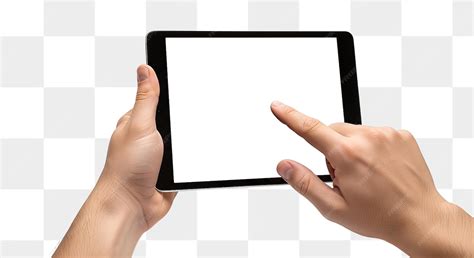 Hand holding a tablet with a blank white screen finger touching the ...