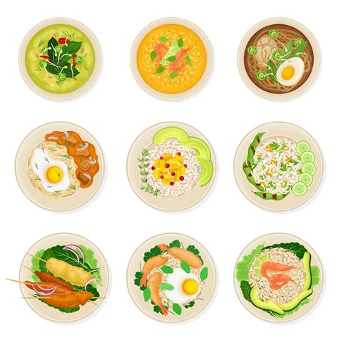 Premium Vector | Thai dishes and main courses with noodle soup and rice ...
