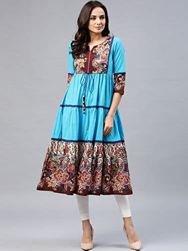 Rain & Rainbow Women Blue & Brown Printed Anarkali Kurta- : Amazon.in ...
