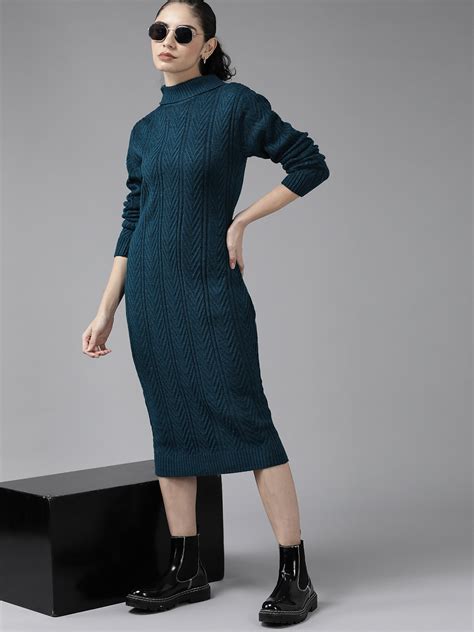 Buy Roadster Women Teal Blue Self Design Sweater Dress - Sweaters for ...
