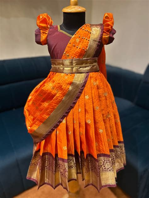 (SB415)Orange with Brown Pattu Lehenga in Flow Shawl Pattern – Shewings ...