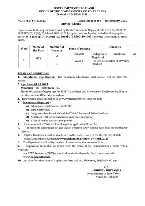 ADVERTISEMENT: COMMISSIONER OF STATE TAXES | DIPR Nagaland-Department ...