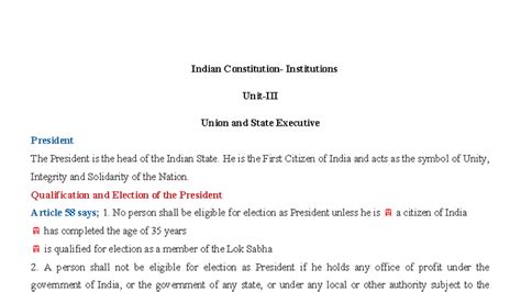 Indian Institutions: Union & State Executive Overview (UNIT-III-ICI ...