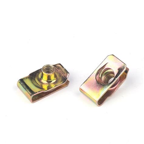 Spring Steel Speed Fastener Extruded U Nut Brass Tone - Reed Nut and U Clip Weld Nut