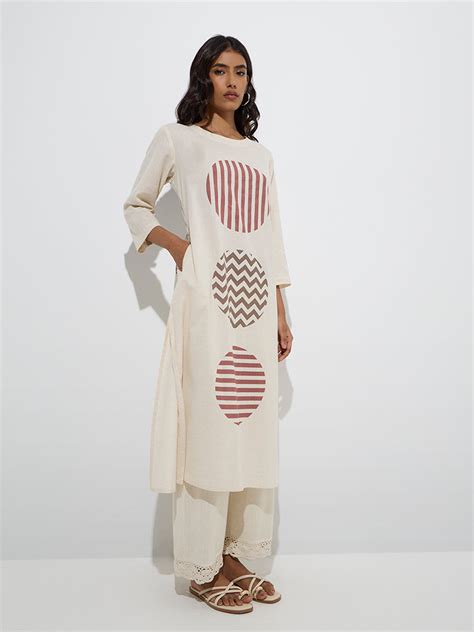 Buy Utsa Off-White Bird Printed Cotton-Blend A-Line Kurta from Westside