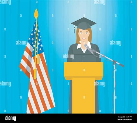 Graduation ceremony speech flat vector illustration. Young smiling girl in a gown and a ...