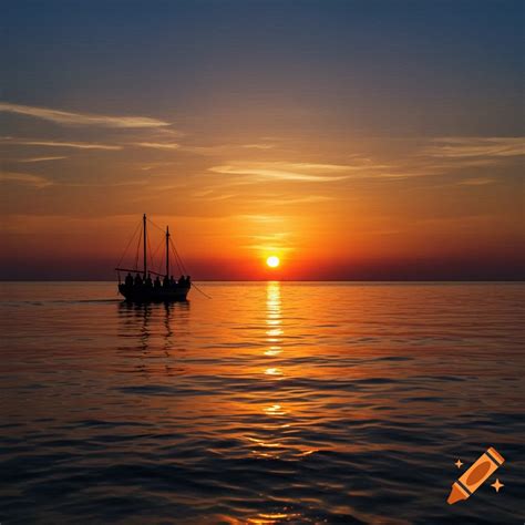 Non-photorealistic oil painting of a boat with people silhouetted against a vibrant orange ...