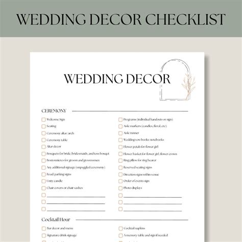 Wedding Decor Checklist Printable Wedding Checklist Template - Etsy