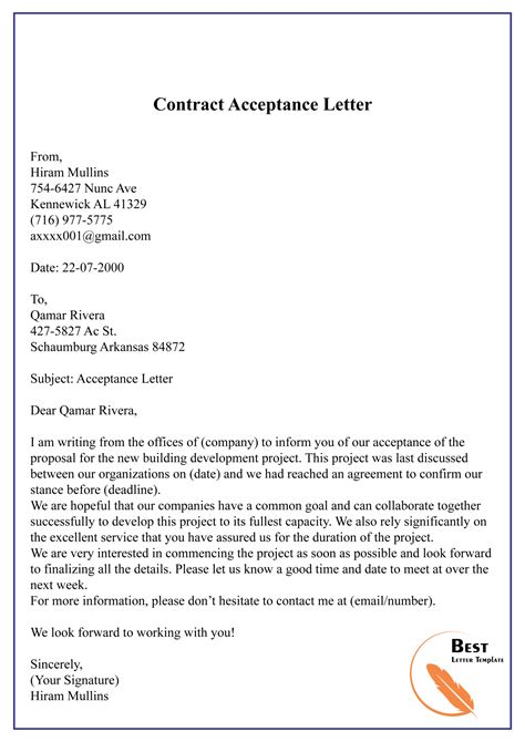Proposal & Contract Acceptance Letter– Format Sample & Examples ...