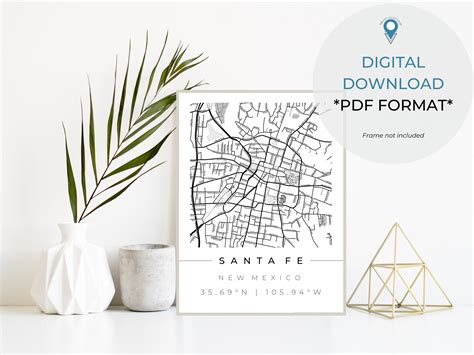 Santa Fe City Map Digital Square Map Santa Fe Map New Mexico Gifts Home ...