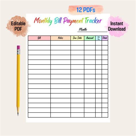 Bill Payment Tracker Rainbow Color Printable, Editable Monthly ...