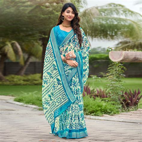 Cream & Blue Floral Printed Chiffon Saree