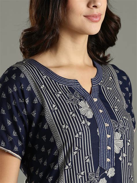 Navy Blue Floral Printed - Alpine Designer Nighty for Women – 9shines label