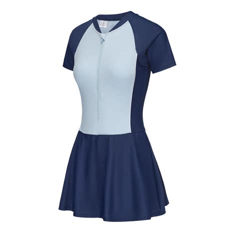 Women Swimsuit Skirt Short Sleeved with Zip Secure Fit 1P UNA - Navy/Blue