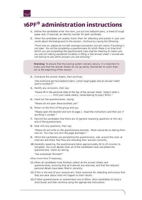 16PF Administration and Scoring Instructions Card - Studocu
