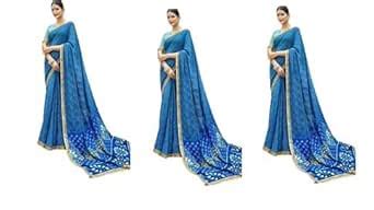 Buy Blue Saree With Blouse Piece pack of 3 at Amazon.in