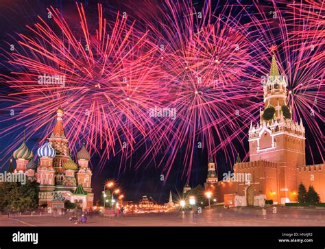 Fireworks explode over Red Square in Moscow, Russia Stock Photo ...