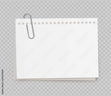 Vector realistic white note paper from note pad with paper clip on transparent background. Stock ...