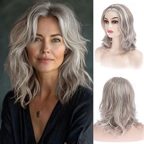 Women’s Silver Grey Long Wavy Wig Natural Looking Realistic Synthetic ...