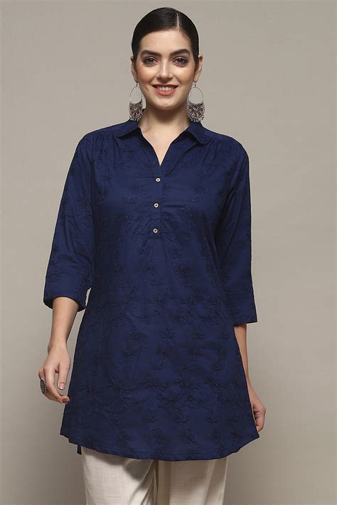 Buy Indigo Cotton Embroidered Straight Short Kurta Online at Biba India