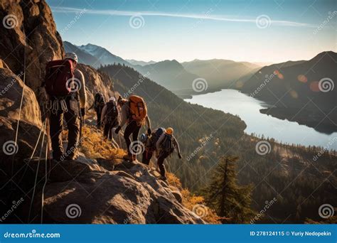 A Team of Climbers at the Top of a High Mountain in the Light of the Setting Sun. Stock Image ...