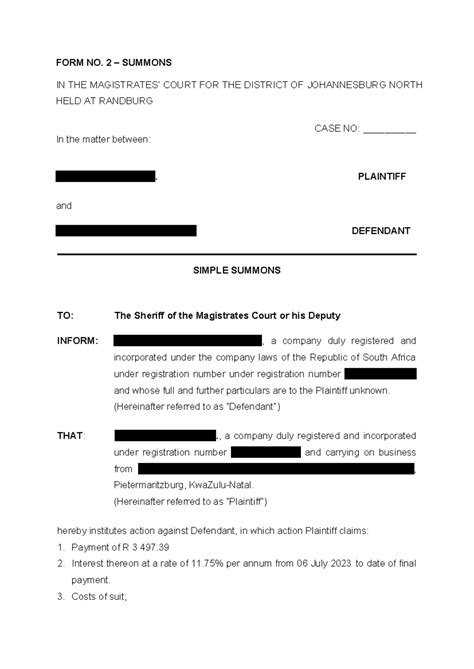Provisional Sentence Summon Example - FORM NO. 2 – SUMMONS IN THE ...