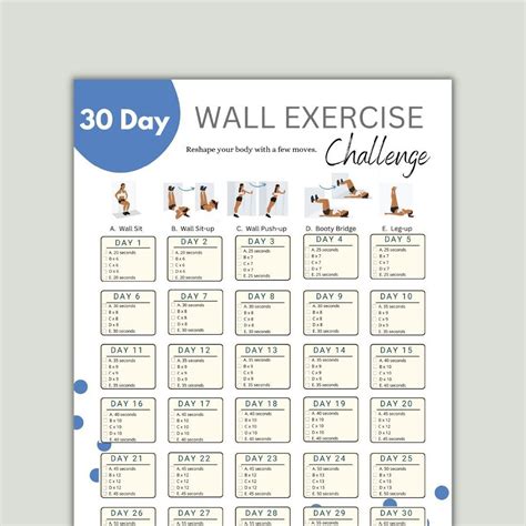 30 Day Wall Exercise Challenge Printable | Wall Fitness | Quick Workout Digital | Reshape Body ...