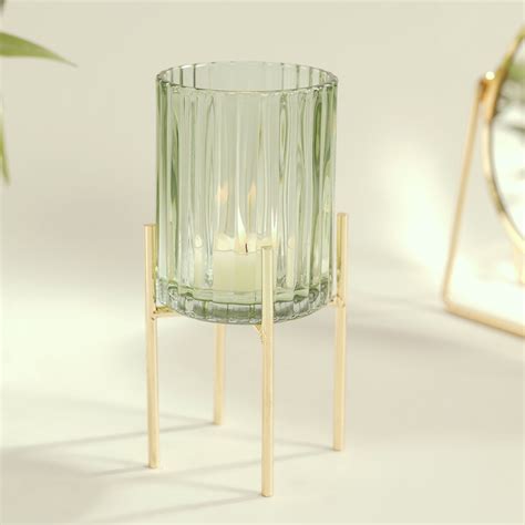 Green Ribbed Glass Hurricane With Metal Stand