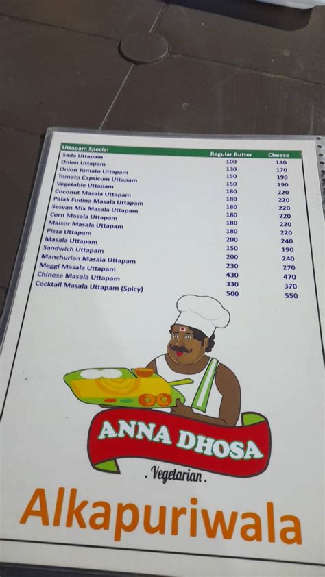 Menu at ANNA DHOSA, Vadodara, 86G3+M2M